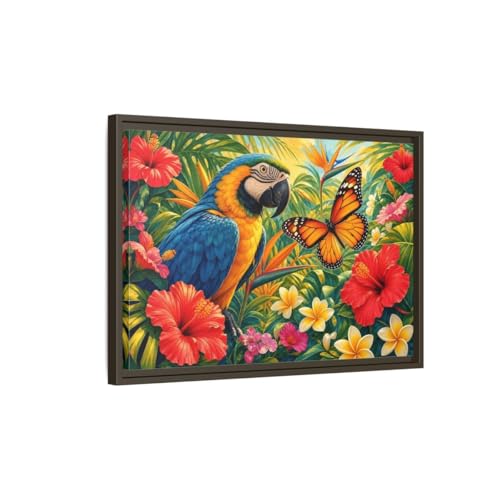 Tableau canevas tropical nature perroquet et papillon avec cadre expresso 60x40cm