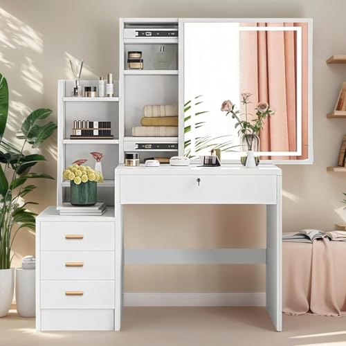 Catálogo para Comprar On-line Tocador Walmart para comprar hoy. 48 TRIUMPHKEY Tocador Vanity con Espejo Luz LED Mueble para Maquillaje Vintage con Espejo Movible Escritorio con 4 Cajones y Estantes De Almacenaje para Recamara 80x38x130CM (Blanco)