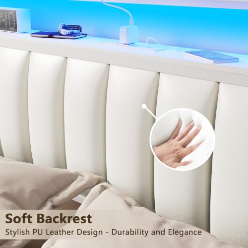Image of Furnulem White Queen Bed Frame with PU Upholstered Headboard & 2 Drawers