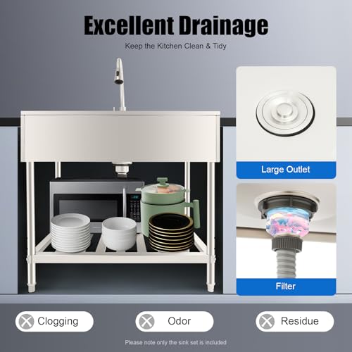 Utility Sink Stainless Steel Freestanding Large Basin Single Bowl Laundry Sink with Pull-out Faucet Commercial Kitchen Sinks with Lower Shelf for Restaurant, Garage, 35.8"W x 23.2"D x 34.3"H - Thumbnail 5