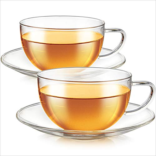 Teabloom Kyoto Teacup And Saucer Set 2-Pack – Large Size – 12 Oz/ 350 Ml Capacity – Crystal Clear Design –– Healthful Premium Borosilicate Glass – Heat Resistant, Microwave Safe – Glass Mug Set #TOP3