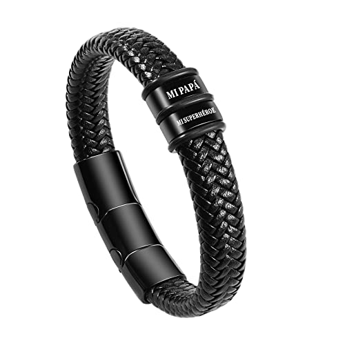 VGWON Pulsera para Papá, Pulsera de Cuero Negro con Texto Grabado con LáSer, Regalo del DíA del Padre, Regalo de CumpleañOs