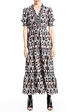 Max Studio Women's Ruffle V-Neck Maxi Dress, Black/Earth Large Feather Frond