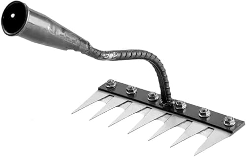 Rastrillo de acero al carbono de 5/6/7/8 dientes, rastrillo de hierro para jardinería y desmalezado, hierros resistentes, ideal para jardinería, cultivar, aflojar el mantillo de malas hierbas (7