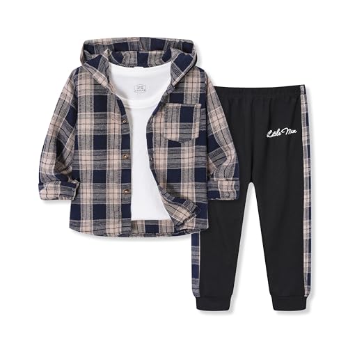 Image of OLMRJKD Toddler Baby Boy Clothes Plaid Long Sleeve Hoodie Sweatshirt + Pants 2pcs Boys Outfit Set