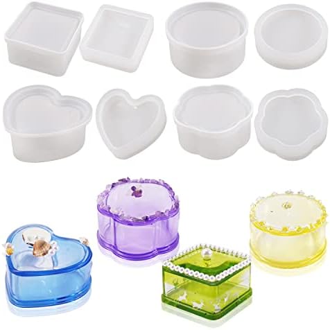 DTOHO 4-Pack Resin Molds, Jewelry Storage Box Silicone Mold, Heart Shape Silicone Resin Mold，Square Epoxy Molds & Round and Petal Shape Resin Molds