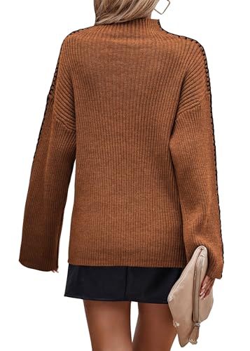 KIRUNDO Women's 2024 Fall Mock Neck Long Sleeve Ribbed Knit Contrast Stitching Oversized Chunky Sweater Pullover Top2