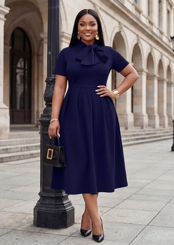 Image of FANDEE Midi Dress for Women Casual Short Sleeve A-line Semi Formal Fit and Flare Dress Classy Tie Neck Work Business Dresses