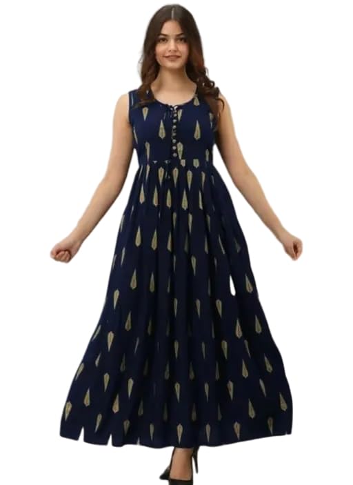 Raj Fashion Women's 3/4th Sleeves Round Neck Rayon Solid Calf Length Anarkali Ethnic Long Gown Navy Blue-picture-25
