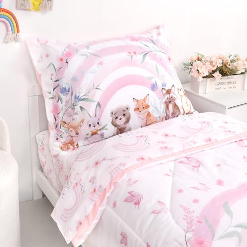 Image of Hooyax Toddler Bedding Set for Girls - 4 Piece Rainbow Toddler Comforter Set Includes Fitted Sheet, Comforter, Pillowcase & Flat Sheet - Soft Comfort Microfiber for All Seasons