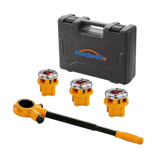 Holdwell S Ratchet Pipe Threader Kit w/ 3 NPT Dies (1/2 3/4 1) Heavy-Duty 9SiCr Steel Threading Tool for Galvanized Iron Copper & Aluminum Pipes Portable with Storage Case
