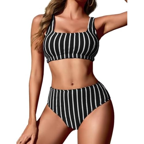 Zilcremo Women High Waist Bikini Sets Sporty Two Piece Swimsuits Striped Ribbed Cheeky High Cut Bathing Suits Swimwear