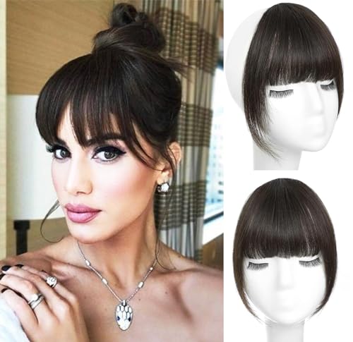 ORIGEN Clip in Bangs Real Human Hair Clip on Wispy Bangs Fringe with Temples Hairpieces Fake Front Bangs Extensions for Women Brown Black Color