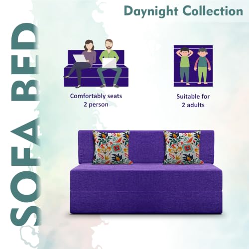 Image of Los Angeles Foldable Two Seater Sofa Cum Bed, Sofa Bed 4 X 6 Feet Jute Fabric Washable Cover- Including Cushion Perfect for Living Room - Purple