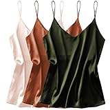 Ekouaer 3 Pack: Womens Silk Satin Tank Top V Neck Camisole Cami Spaghetti Strap Top Loose Sleeveless Blouses Tank Shirt