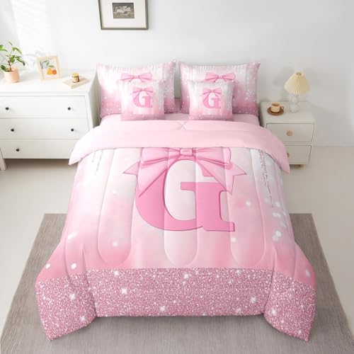 Image of Feelyou Kids Pink Bowknot Bed in A Bag Full Size, Personalized Initial G Comforter Set with Sheets Princess Glitter 7 Pieces Bedding Set Boys Girls Bow Alphabet Teens Bed Set Bedroom Decor 7Pcs