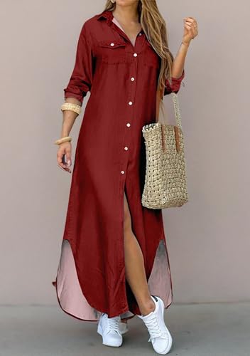 Image of DIACACY Women's Casual Lapel Collar Floral Print Maxi Dresses Side Slit Long Sleeves Loose Slim Shirt Dresses