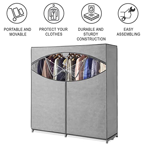 Whitmor Portable Wardrobe Clothes Storage Organizer Closet With Hanging Rack - Extra Wide -Grey Color - No-Tool Assembly - Extra Strong & Durable - 60" W X 19.5" D X 64" L - Not For Outside Use #TOP1