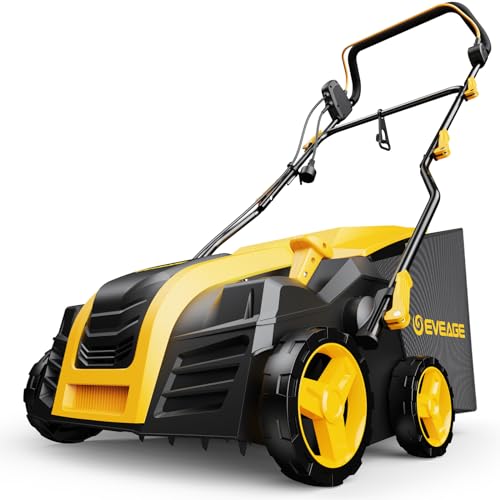 COPOWER by EVEAGE - Desechador eléctrico y escarificador de 16 pulgadas, 15 amperios, ajuste de profundidad de 5 posiciones, bolsa de colección de 14.5 galones, aumenta la salud del césped, EDS16S