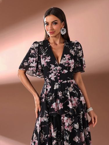 Image of TOLEEN Summer Casual Dresses for Women 2024 Spring Fashion Boho V Neck Long Sleeve Ruffle Floral Print Elegant Maxi Dress