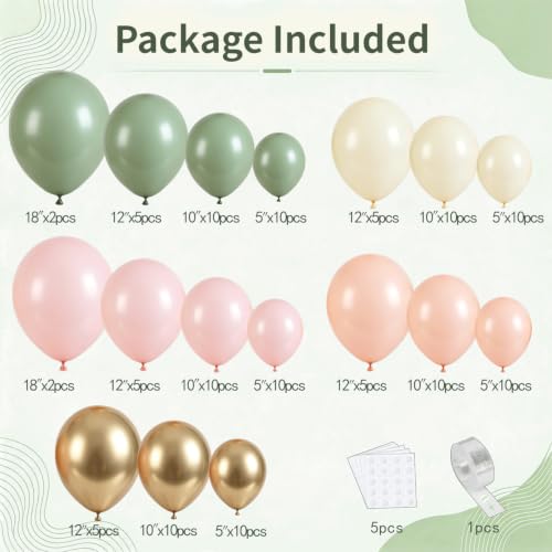 Image of Zesliwy Green Cream White Pink Gold Balloon Arch Kit, Latex, Party Decor