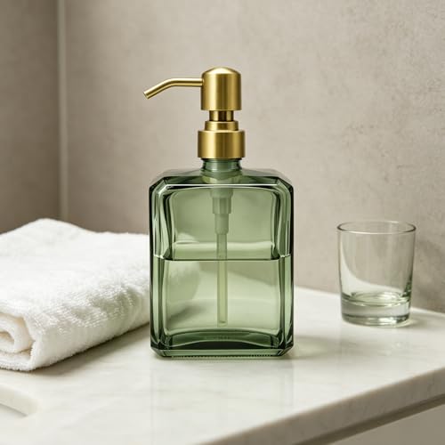 Image of Green Glass Soap Dispenser Square 13.5 oz Hand Soap Dispenser | Rectangular, Rust Proof Stainless Steel Pump, Refillable, For Bathroom Vanity & Kitchen Countertop