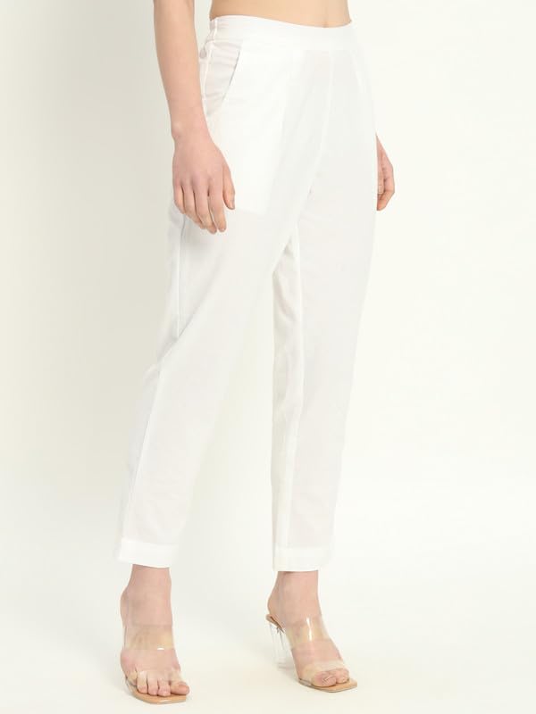 Image of Women's Solid Straight Fit 100% Cotton Trousers | High Waist, Side Pockets, Ankle Length Pants for Office, Casual