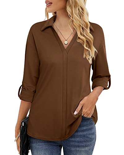 Vivilli Tunic Shirts For Women 3/4 Sleeve Collared Shirts And Blouses Womens Cotton Tops Work Casual Womens Fall Business Clothes 2022 Brown Xl #TOP1