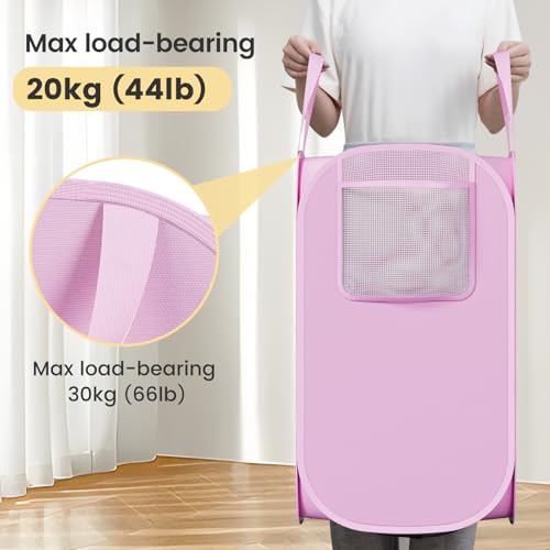 Image of Polyester Strong Mesh Pop-up Laundry Hamper, Quality Pop Up Hampers for Laundry with Durable Handles Solid Bottom High Carbon Steel Frame, Easy to Open and Fold Flat for Storage(Light Pink)