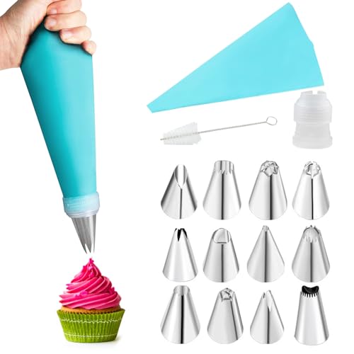 Cake Piping Bags and Nozzles Kit 15 Pcs Cake Decorating Supplies Kit with Silicone Icing Piping Cream Pastry Bag and 12 Piping nozzles, 1 Coupler, 1 Cleaning Brush for Cake DIY Cookies Pastry