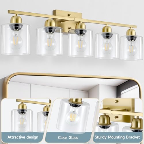 Image of Modern Brushed Gold 5 Light Bathroom Vanity Light,31 inch Vanity Lights for Bathroom with Clear Glass for Mirror Kitchen Living Room Hallway Cabinet Porch