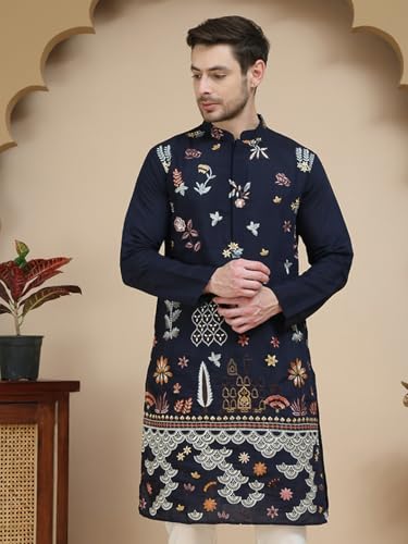 Image of Jompers Floral Embroidered and Sequins Kurtas (Navy Blue, XXL)