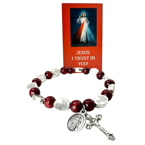 Westmon Works Divine Mercy Wood Bracelet Metal Cross and Medal with Holy Prayer Card