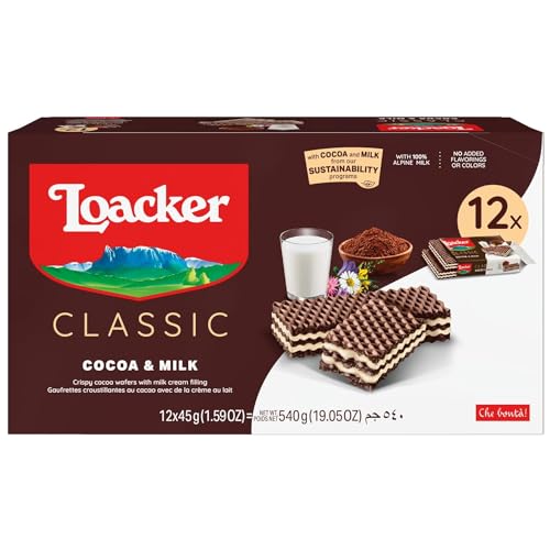 Image of Loacker Classic Cocoa & Milk Wafers - Premium Crispy Cocoa Wafer Cookies with Milk Cream Filling - Multipack of 12 Snack Packs - NON-GMO - 45g /1.59oz, Pack of 12