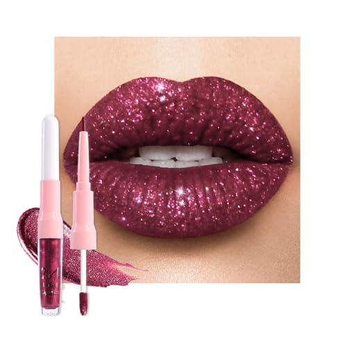 Image of evpct Dark Purple Red Metallic Glitter Lip Liner and Lipstick Combo Lip Gloss Stain Set Makeup for Women Long Lasting Waterproof 24, Non Stick Cup Metal Shine Shimmer Iridescent Liquid Lipstick 26