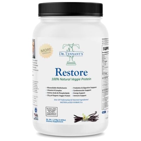 Dr. Tennant's Restore Vanilla Veggie Protein | Premium Plant-Based Protein - 100% Natural Veggie Protein and Omega 3 Fusion, Including Pea Protein Isolate - Low Carb, Keto, Dairy Free - 30 Day Supply Cover