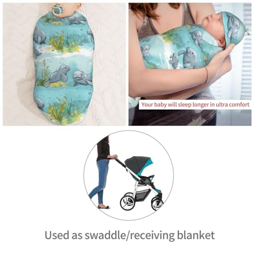 Image of Ocean Florida Manatee Newborn Swaddle Blankets Hat Sets Soft Baby Receiving Blanket Swaddle Sack for Baby Shower Infant Boy Girl Gift
