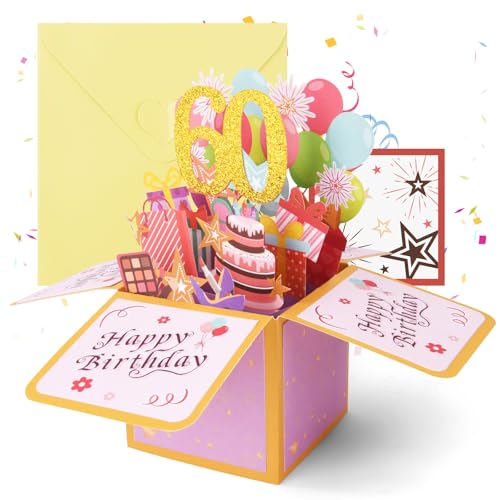 OFFCUP 60 Anni Biglietto Auguri Compleanno 3D Biglietti Auguri Regalo Divertente Pop Up Biglietti di Compleanno con Busta e Carta Biglietto di Auguri per Uomo Donna Famiglia Amica Festa