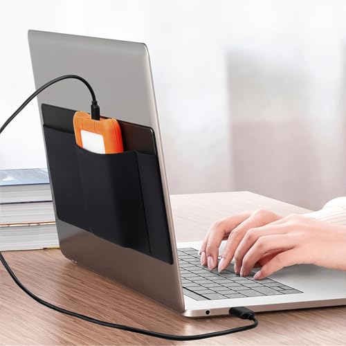 Image of ZORBES 3-Pocket Laptop Organizer Adhesive Storage Pouch, Mouse Holder for Laptop Stick on External Hard Drive Sleeve for MacBook, Laptop, PU Accessories for Phone, Mouse, Stylus Pen, 26.4x13cm