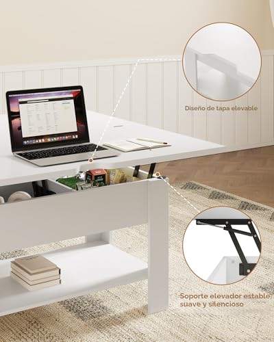 Miniatura 6 de Kimenich Mesa De Centro Regulable En Altura, Almacenamiento Oculto, 3 En 1, Multifunción, Mesa De Salón, Mesa De Café, Compartimento Abierto, Mesa De Comedor, Para Salón, Oficina, Blanco