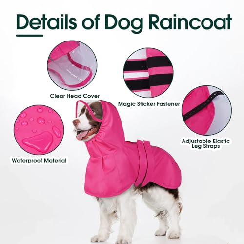 Kuoser Dog Raincoat, Waterproof Dog Jacket with Hood, Reflective Pet Rain Coat for Small Medium Large Dogs, Adjustable Lightweight Puppy Rain Gear for Outdoor Protection & Night Walks