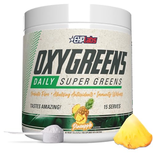 EHP Labs OxyGreens Super Greens Powder with Spirulina & Chlorella, Prebiotic Fiber, Probiotics & Digestive Enzymes – Antioxidant Green Superfood Supplement – 15 Serves (Pineapple)