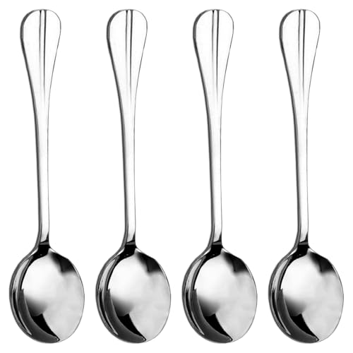 QZKJQDD Soup Spoons 4 Pieces Set Stainless Steel Round Stainless Steel Bouillon 4 High-Grade Spoons for Soup Spoon for Kitchen Dining Table Sleek Design Durable Construction (Style 1)