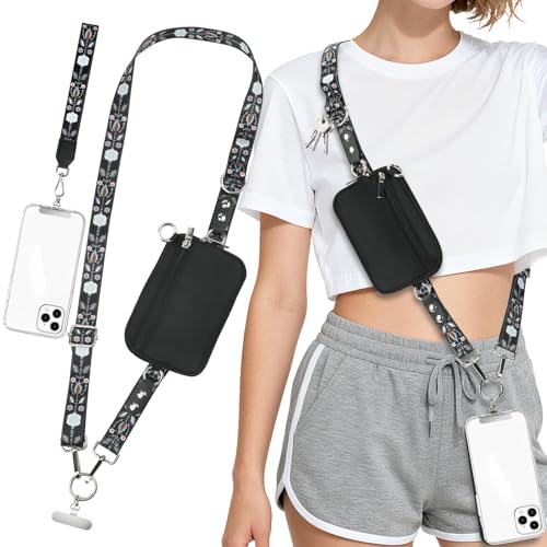 Uiwkow Clip and Go Strap for Phone with Wallet Crossbody, Detachable Zippered RFID Wristlet Wallet，Adjustable Anti-Theft Phone Lanyard for Women | Hands-Free for Daily Errands & Travel (Multicolor 1)