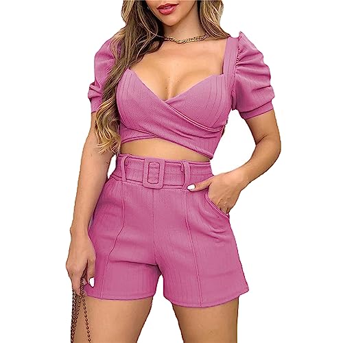 Ensemble 2 pièces décontracté short femme manches bouffantes mode été