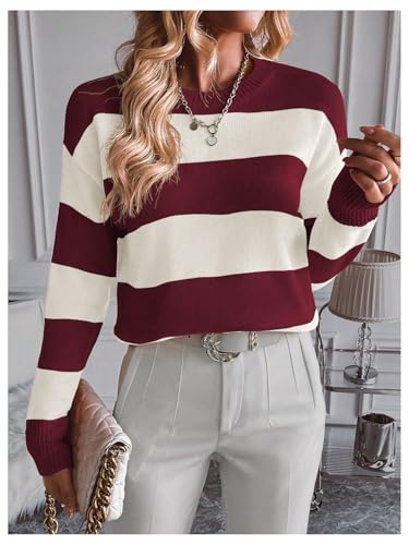 Image of MakeMeChic Women's Striped Sweaters Colorblock Crew Neck Long Sleeve Casual Pullover Tops Burgundy X-Large