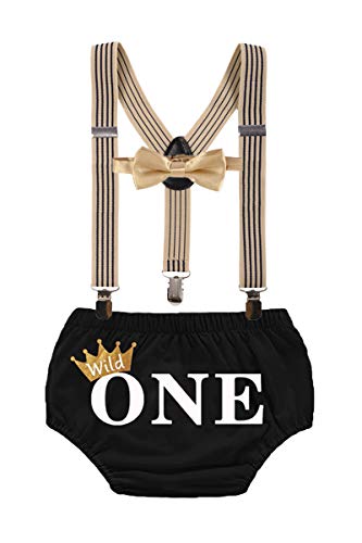 NEWEPIE Wild ONE Cake Smash Costume Baby Boys 1st Birthday Outfits Bloomers Suspenders Bow Tie Photoshoot 3PCS Clothing Set Black