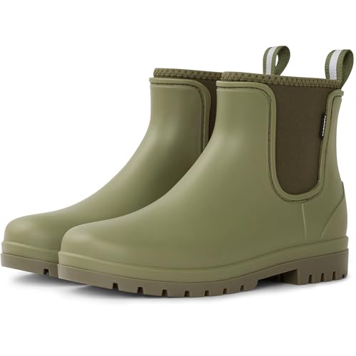 Planone Short Rain Boots for Women Fashion Waterproof Neoprene Chelsea Boots Ankle Non-Slip Matte Rubber Boots Lightweight Outdoor Garden Shoes Work Booties with Arch Support and Removable Comfort Insole