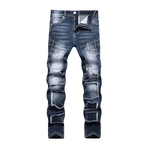 Men's Patched Casual Jeans Cargo Distressed with Patches Jean Biker Ripped Straight Denim Pants