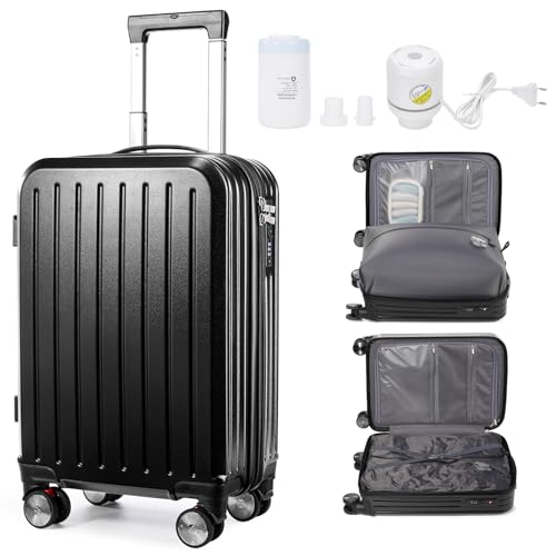WEPOET Maleta de Mano al Vacío con Ruedas y Bomba Incluida, Maletas de Viaje con Sistema de Compresión, Maleta de Cabina Ligera con Interior Compartimentado Cierre TSA(Negro)